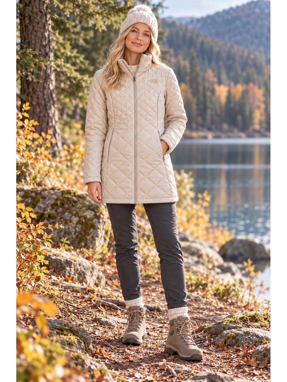 The North Face PrimaLoft Quilted Mid Length Jacket Cream Tan Women’s XL